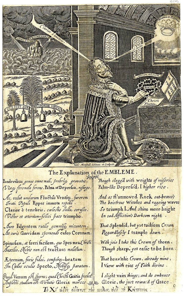 Frontispiece to the Eikon Basilike: Charles I kneeling with the crown of thorns